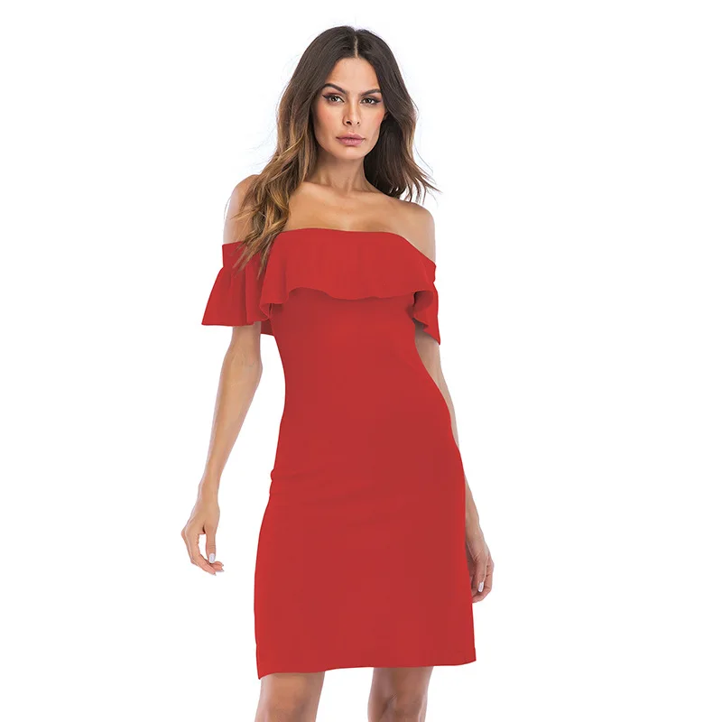 

2019 Summer New Fashion Women Clothing Female Ruffle Shoulderless Short Sleeve Solid A-line Bag Hip Ladies Casual Sheath Dress