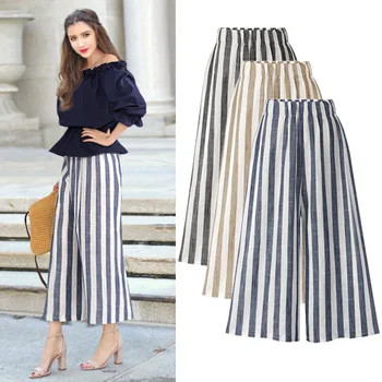 

pants for women High Waist Plus Size Ankle length Cotton and linen Casual Loose Elastic Waist Striped Wide Leg Pants 5XL 6XL