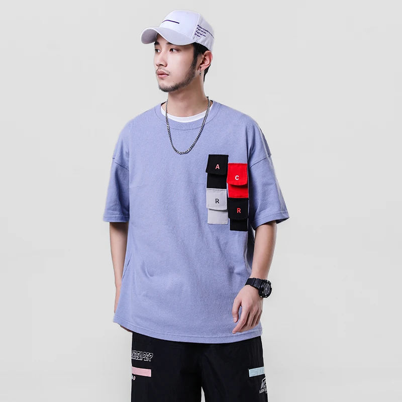 

Trendy Male T-Shirt Embroidery Multi-Pocket Spliced Men's T-Shirts O-Neck Summer Man's Short-Sleeved T-Shirt