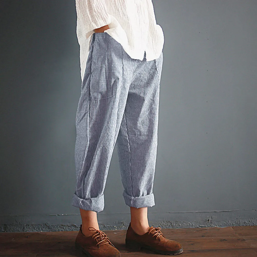 Женские хлопковые льняные штаны-шаровары больших размеров 5XL, укороченные летние штаны в полоску с карманами и высокой талией, свободные женские брюки, большие брюки - Цвет: Синий