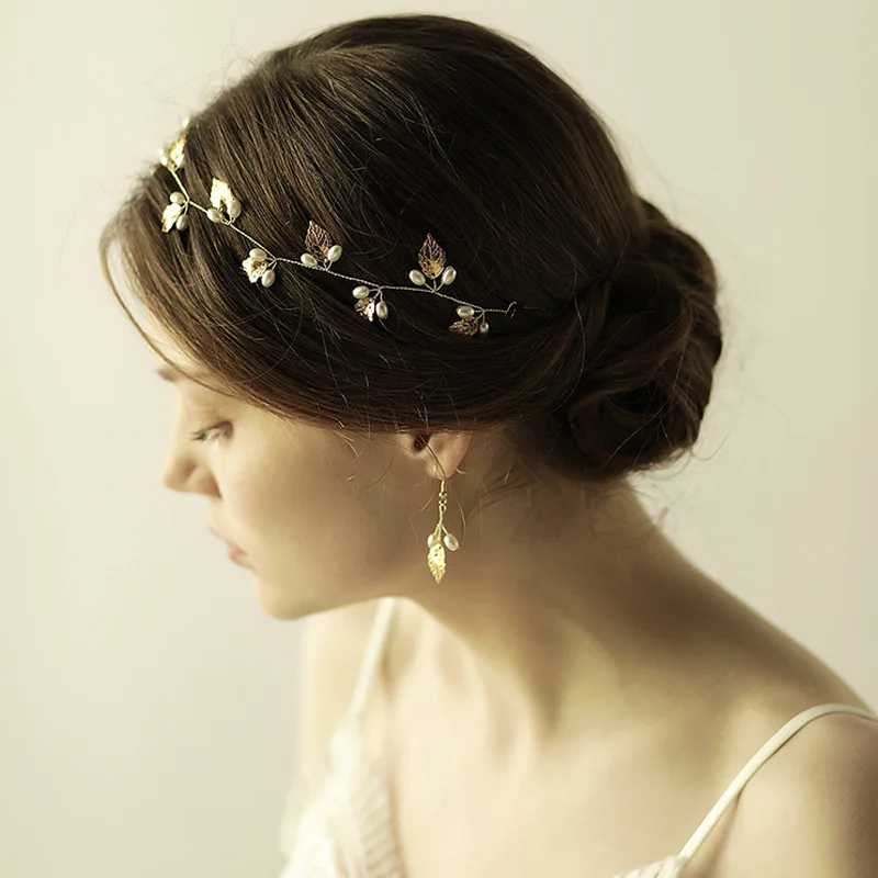 

Luxury Gold Color Hair Jewelry For Bride Simulated Pearl Leaf Wedding Headband Bridal Tiaras Headdress Hair Accessories