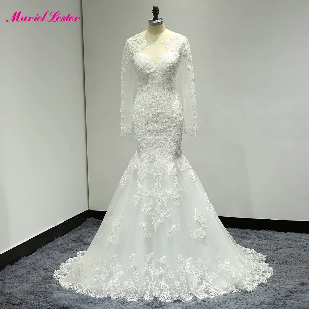 

Sexy Illusion Mermaid Long Wedding Dress Plus Size Robe De Mariee 2019 Bridal Gown Long Sleeves Appliques Lace Wedding Dresses