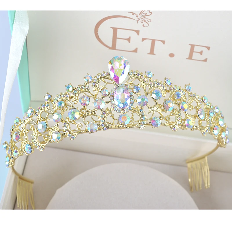 Luxury Baroque Gold Crystal Crown Tiaras For Bridal Wedding Party Women Ab Rhinestone Girls