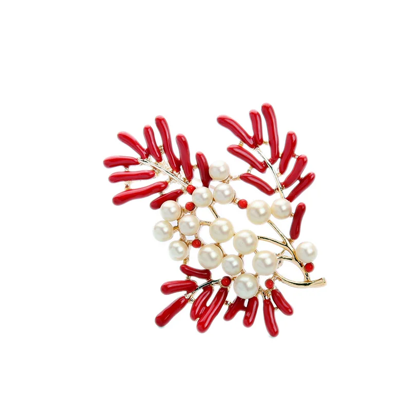 Skup Czerwony koral Pin perła broszka emalia utworzono perłowy czerwony rozgałęziony złoty kolor panie szykowny płaszcz szpilki akcesoria
