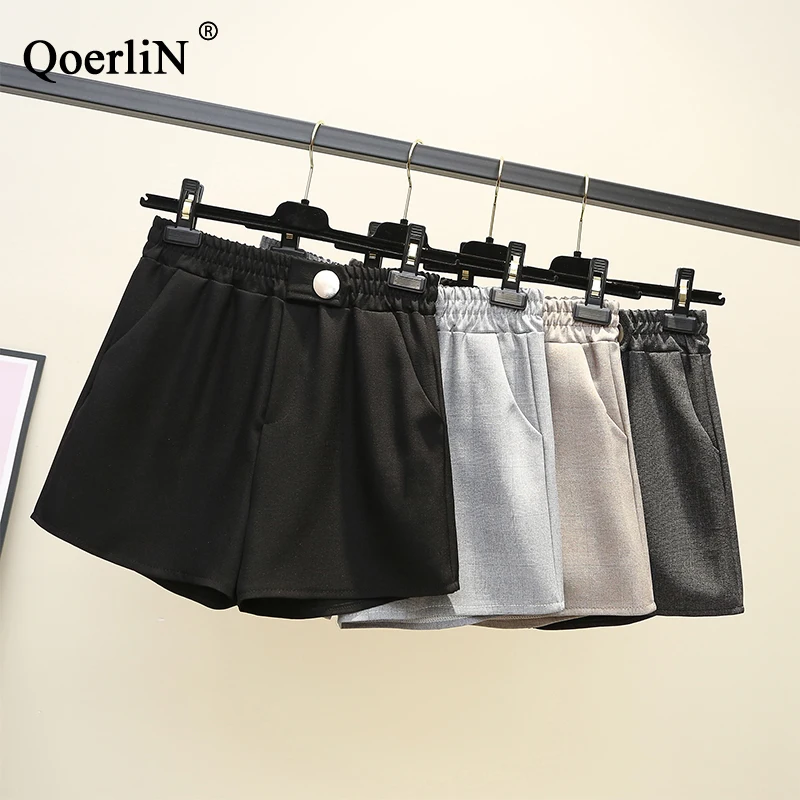 QoerliN Suits Shorts Women Elastic Waist Fashion Pocket Short Trouser Ladies Office Summer Wide Leg Trouser Black Shorts 2019