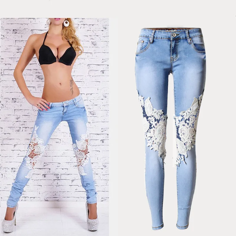 Женский джинсовый, синие джинсы с кружевом, популярные Стильные джинсы с низкой талией, полая кружевная вышивка, колготки, Эластичные Обтягивающие растягивающиеся джинсы-карандаш