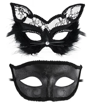 

2 Pcs Halloween Masquerade Masks Girls' Sexy Fox Venetian Mask & Unisex Lace Edge Cosplay Mask