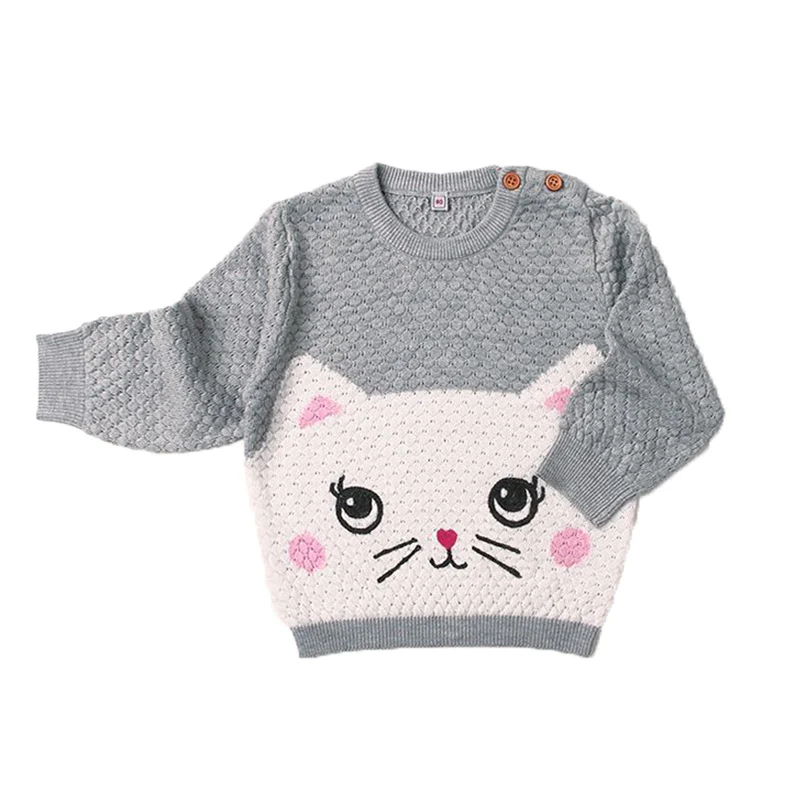 Encontrar Baby Cat Pattern Winter Knitted Clothes Boys/Girls O-Neck Pullovers Sweaters Newborn Kids Cute Jumper 6M-24M,DC510 - Цвет: Grey