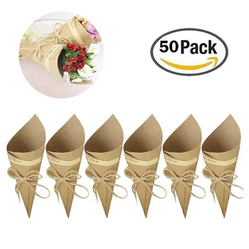 

50Pcs/Lot Wedding Kraft Paper Cones Bouquet Retro Folding Confetti With Hemp Ropes DIY Decoration Gifts Packing Party Supplies