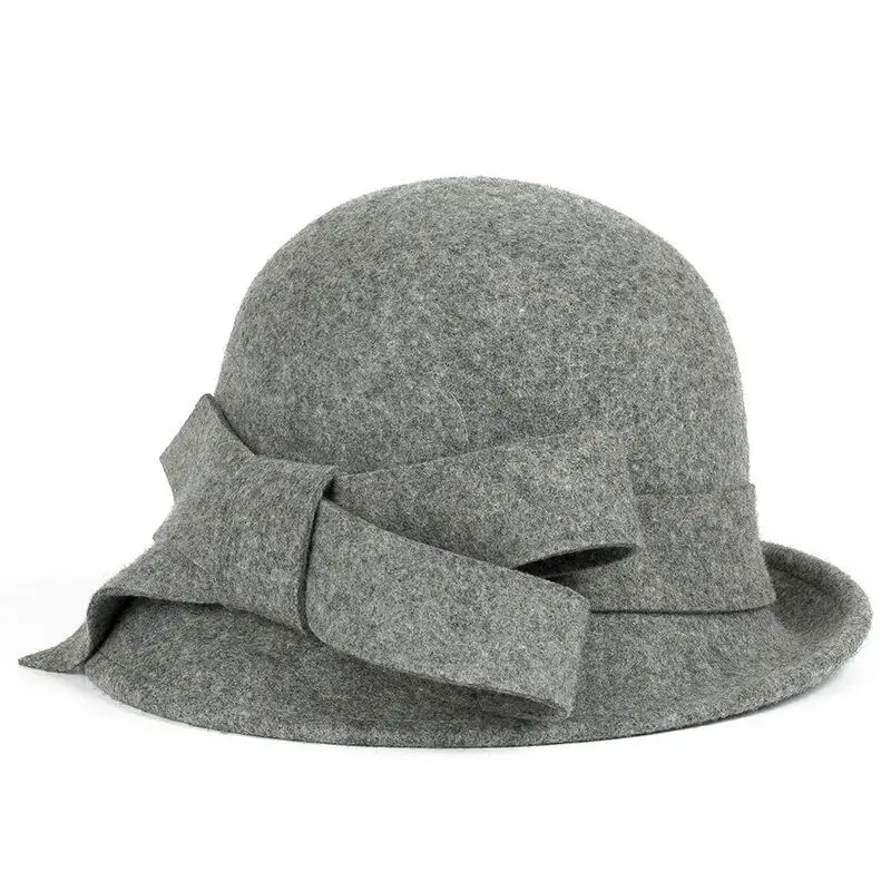 New100% Wool Europe England Fall Winter Women's Fedora Caps Vintage Sun Hats For Woman Lady Wide Brim Wool Felt Bowknot Hat