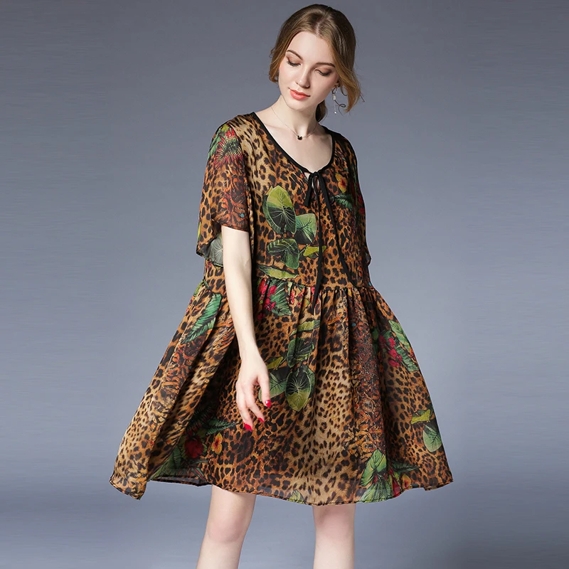 

2018Summer Fashion Ladies plus size loose fit elegant empire Leopard PRINT flare Dress beautiful dress female vestidos XL-XXXXXL