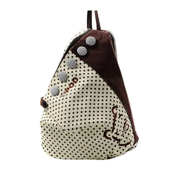 

2016 Hot New Fashion Women Backpack Contrast Polka Dot Button Decoration Canvas Shoulder Bag Khaki with Red Dot