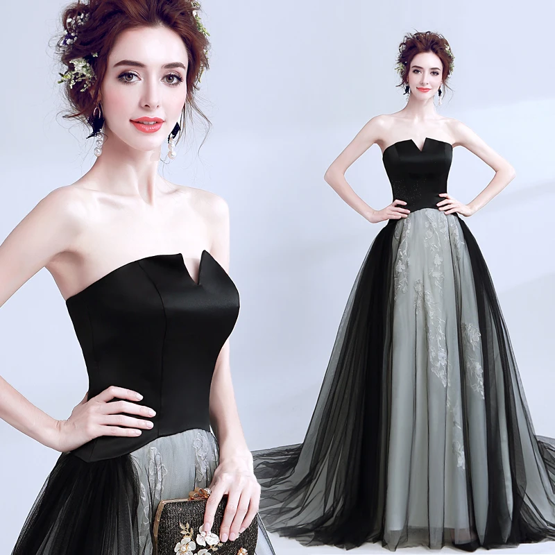 

Vintage Small V-neck Strapless Flowers Black Evening Dresses 68