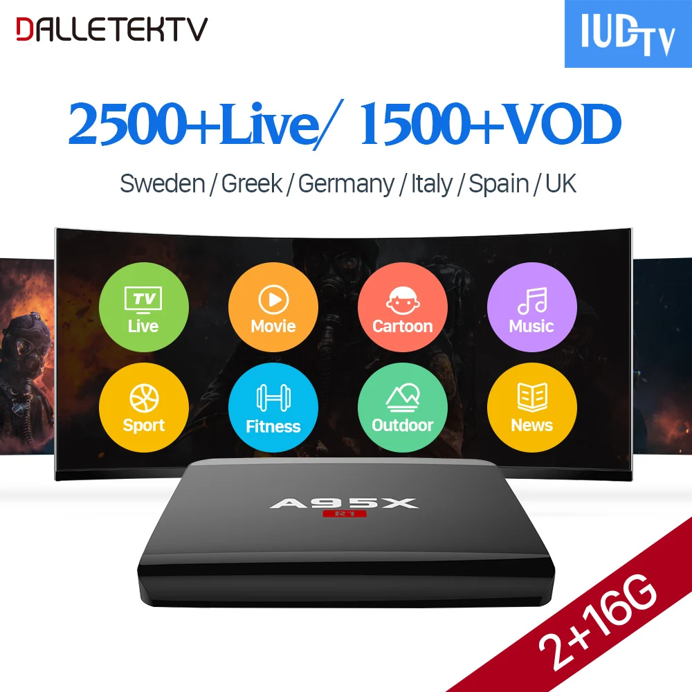

Receiver IPTV Box IUDTV Subscription A95X R1 Android 7.1 S905W Quad Core Europe Nordic Greek UK Italia Spain IPTV Decoder IP TV