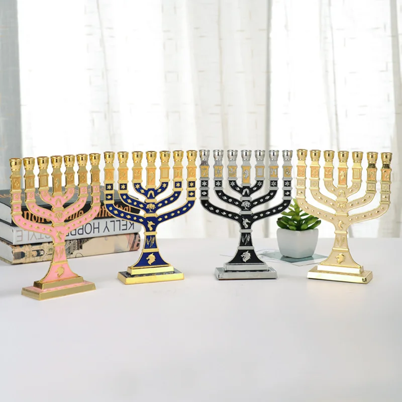 

Blue Enamel Menorah Gold Plated 7 Branch Tribes Of Israel Jerusalem