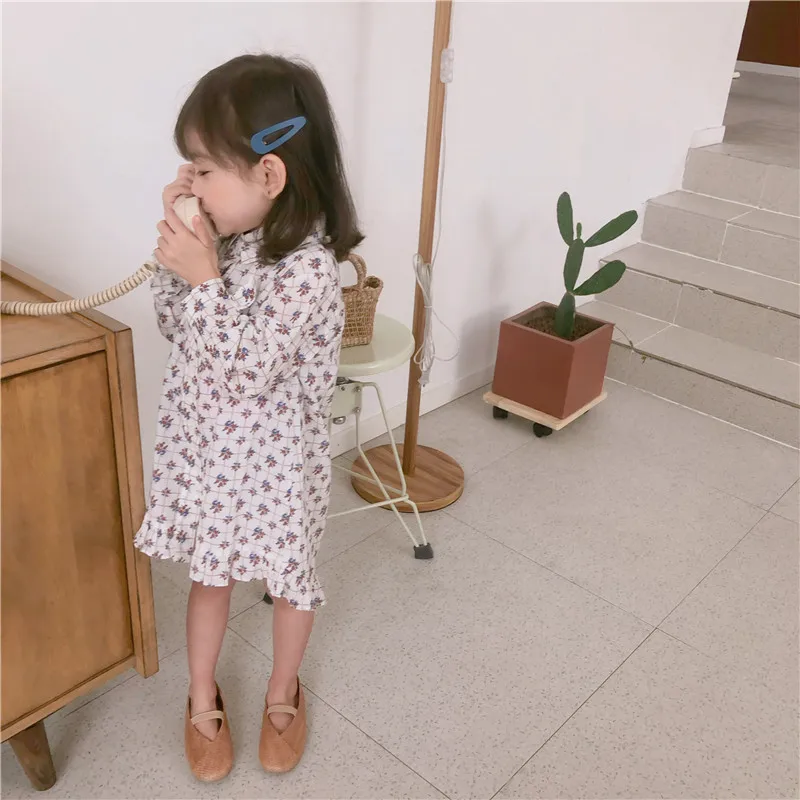 Spring New Arrival korean style cotton shredded chequered long Sleeve all-match princess dress for cute sweet baby girls