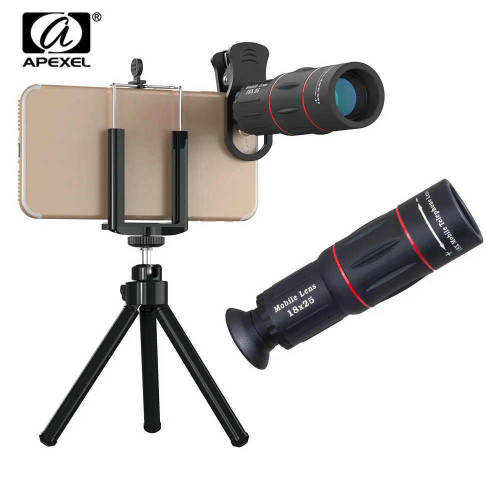 Billig APEXEL HD Optische Universal 18x25 Monokulare Camcorder Objektiv 18X Tele Telefon Objektiv Mit Stativ Für Smartphone xiaomi Redmi