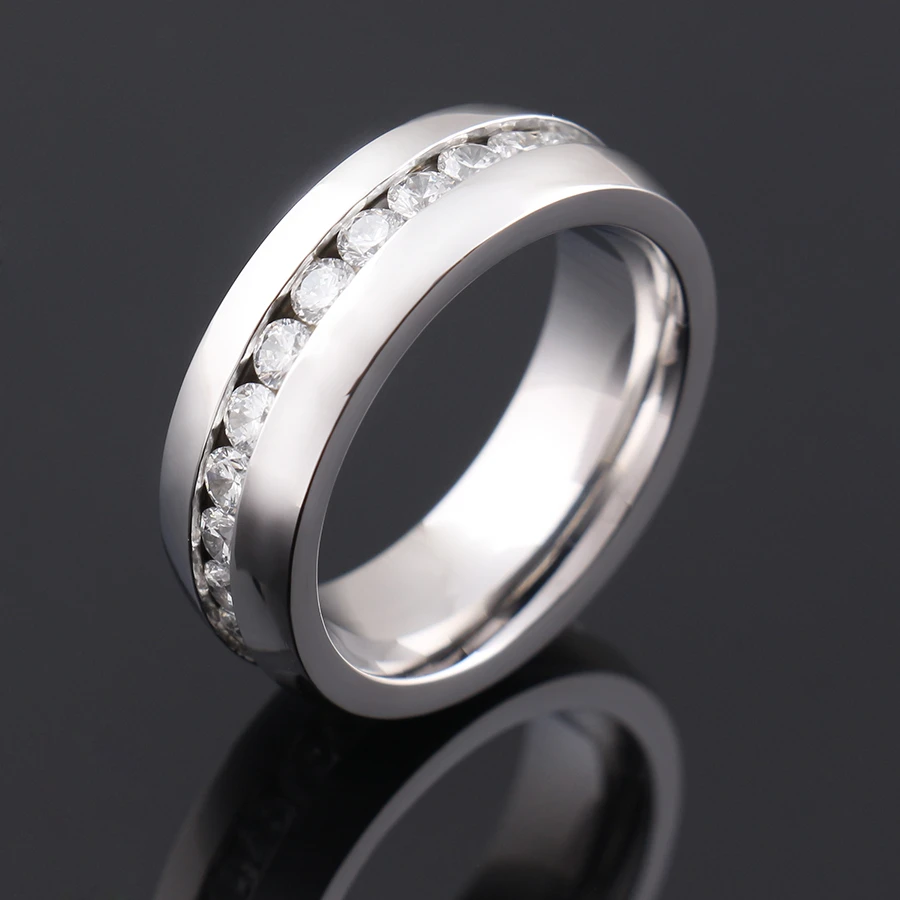 Mens Wedding Bands Stainless Steel Beveled Edge 8mm CZ Anniversary Promise Rings for Him Size 9-13