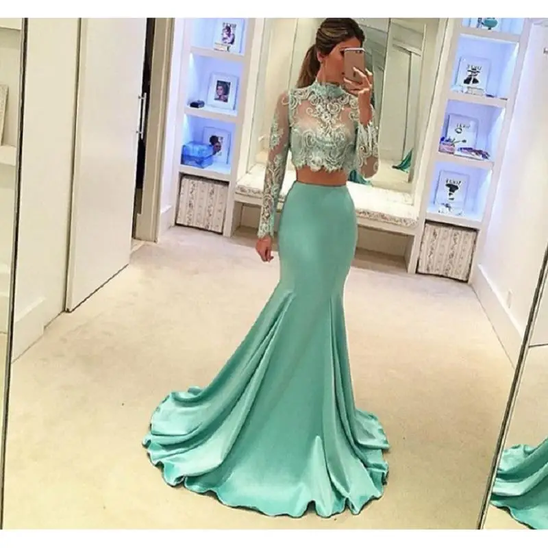 

Mint Green Two Piece Prom Dresses Mermaid 2019 Vestido Formatura Sheer Applique Lace Long Sleeve Imported Party Dress
