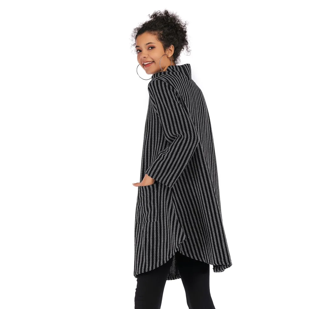 New women's double pocket striped jacket female loose large size long-sleeved sweater long-sleeved turtleneck sweater dress