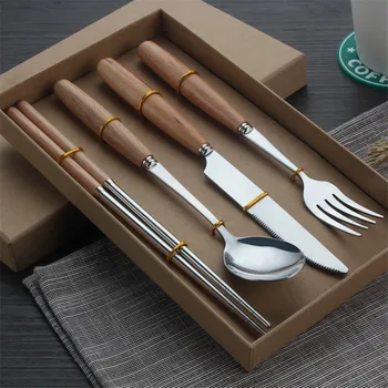 

4pcs/set Dinnerware Food Grade Stainless Steel Cutlery Smooth Silver Fork Knives Set Tableware Wooden Handle Dinner Cutlery Set