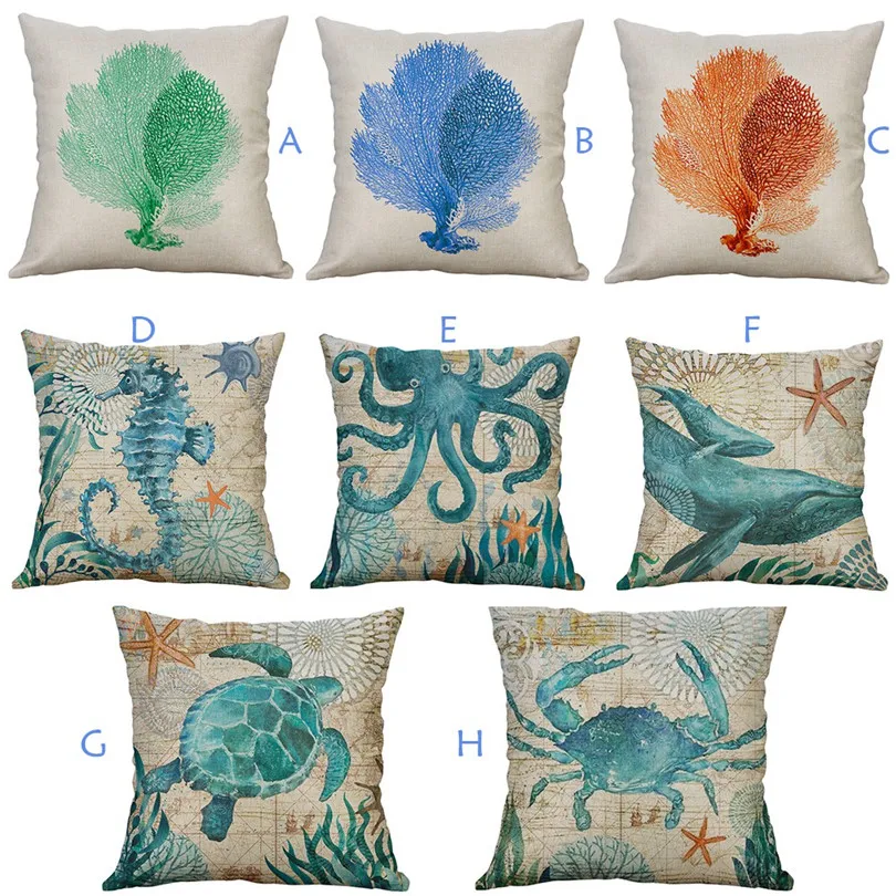 Marine Life Coral Sea Turtle Seahorse Whale Octopus Cushion Cover Pillow Cover Home Pillow Cases Drop Shipping #3M07 (1)