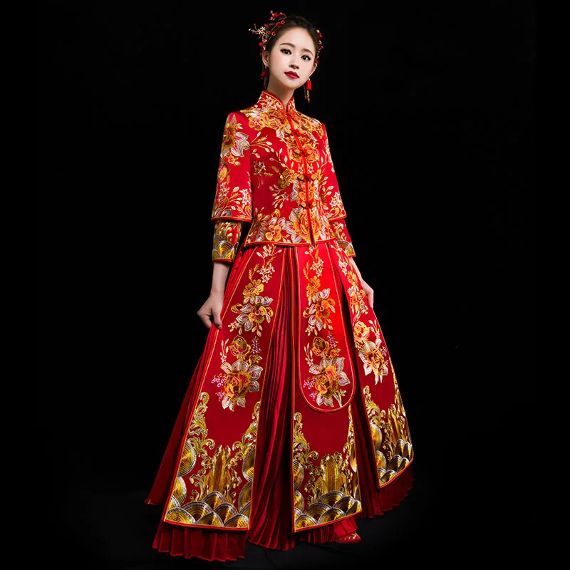 Китайский традиционный свадебный платье Чонсам Дракон костюм Феникса Qipao Вышивка Топы, декорированные стразами для женщин Парча Платье