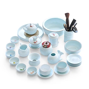 

Brief Solid Color Porcelain Tea Set for Wedding Gift Embossed Fish Teacup Handle Cha Hai Tea Strainer Teapot Gaiwan Tray Teaware