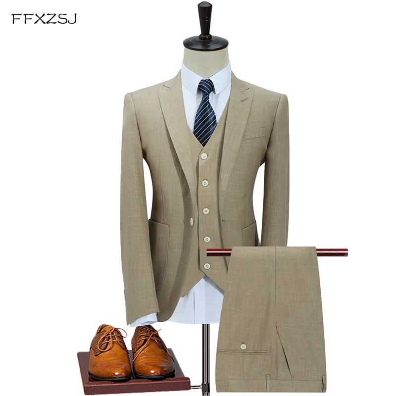 

FFXZSJ2018 Beige Suit Men Slim Fit Summer Prom Wedding Suits for Men Terno Masculino Tuxedo Man Suit (Jacket+Pants+Vest) 3 Piece