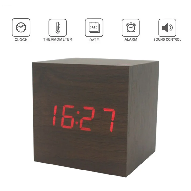 

Creative Electronic Square Wooden LED Alarm Clock Temperature Sounds Control LED Display Electronic Desktop Digital Clocks