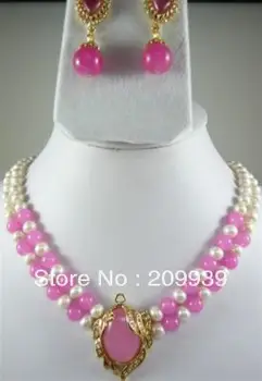

huij 001715 2Rows White Pearl &Pink Chalcedony Necklace Earring Set