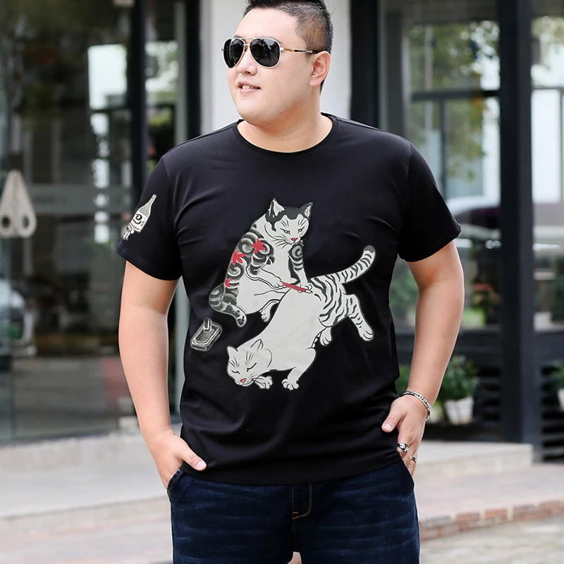Смешные футболки футболка мужская Толстая мужская футболка мужская 8xl 6xl 7xl хлопок с круглым вырезом воротник хип-хоп футболка с коротким рукавом принт кошки