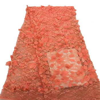 

2018 Latest Orange beaded lace fabric Beautiful 3D Embroidered lace fabric with beads for favorite dress A558-2