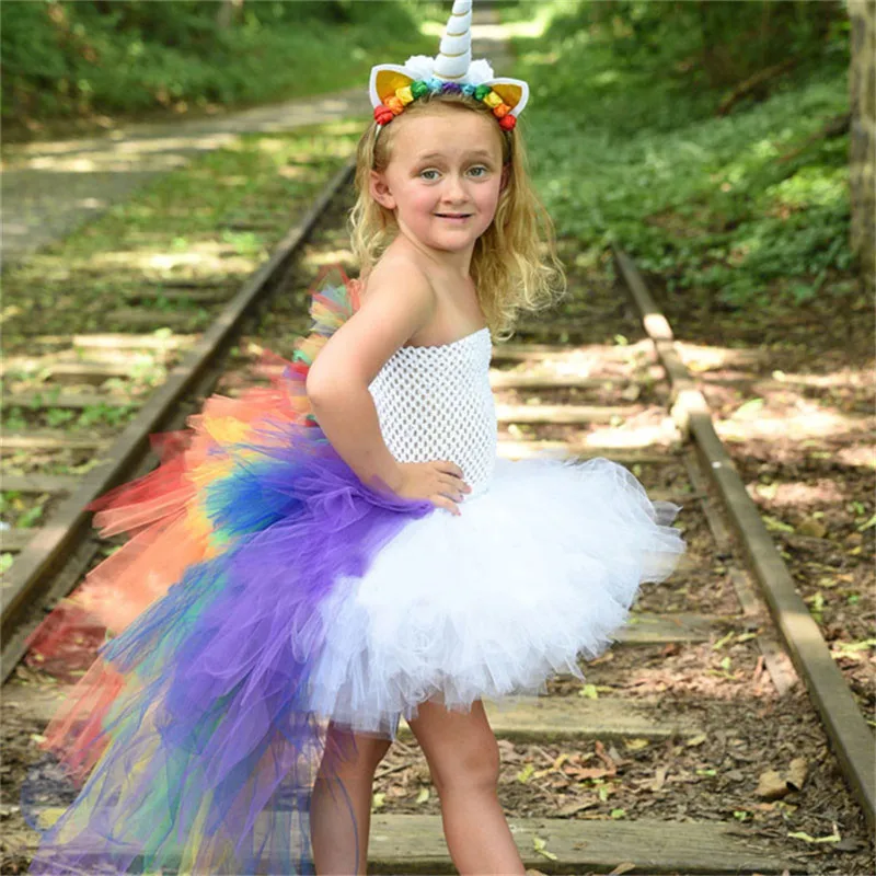 

Bright Rainbow Girls Unicorn Bustle Tutu Dress Baby Kids Party Dresses Fancy Cartoon Children Cosplay Clothing Vestido Infantil