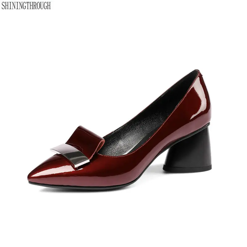 

Women Genuine Leather Spring Pumps Thick High Heeled poined Toe Comfortable wedding Shoes Woman metal Party Pump size 9 10 11 12