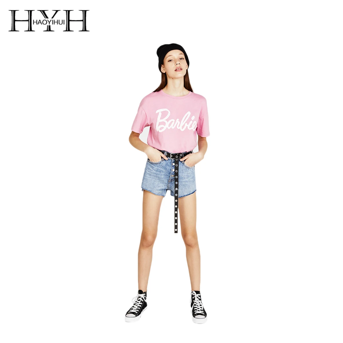 

HYH HAOYIHUI New Fashion 2018 Women Light Pink Casual Sweet T-Shirts Character Print Short Sleeve T-Shirt Female O-Neck Tops