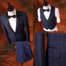 2017 Latest Coat Pant Designs Navy Blue Pattern Tweed Men Suit Formal Slim Fit Skinny Prom Tuxedo 3 Piece Groom Blazer Masculino