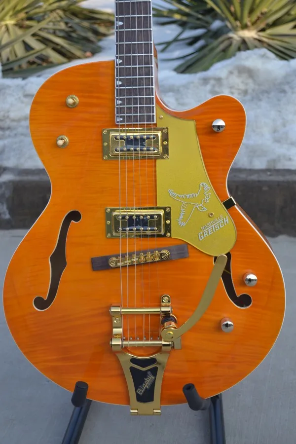 wholesale Flamed Maple Top Orange Gretsch 6120 Hollow Body electric guitar with bigsby tremolo 13-18