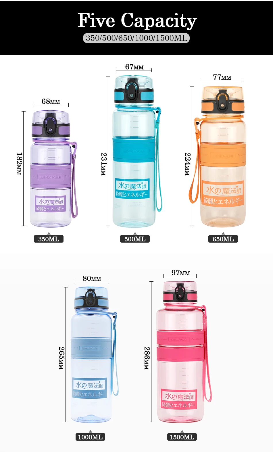 UZSPACE Water Bottles Fruit Tea Sport Portable LeakProof Shaker Tritan Plastic Drinkware 350ml500ml650ml BPA Free with Filter03
