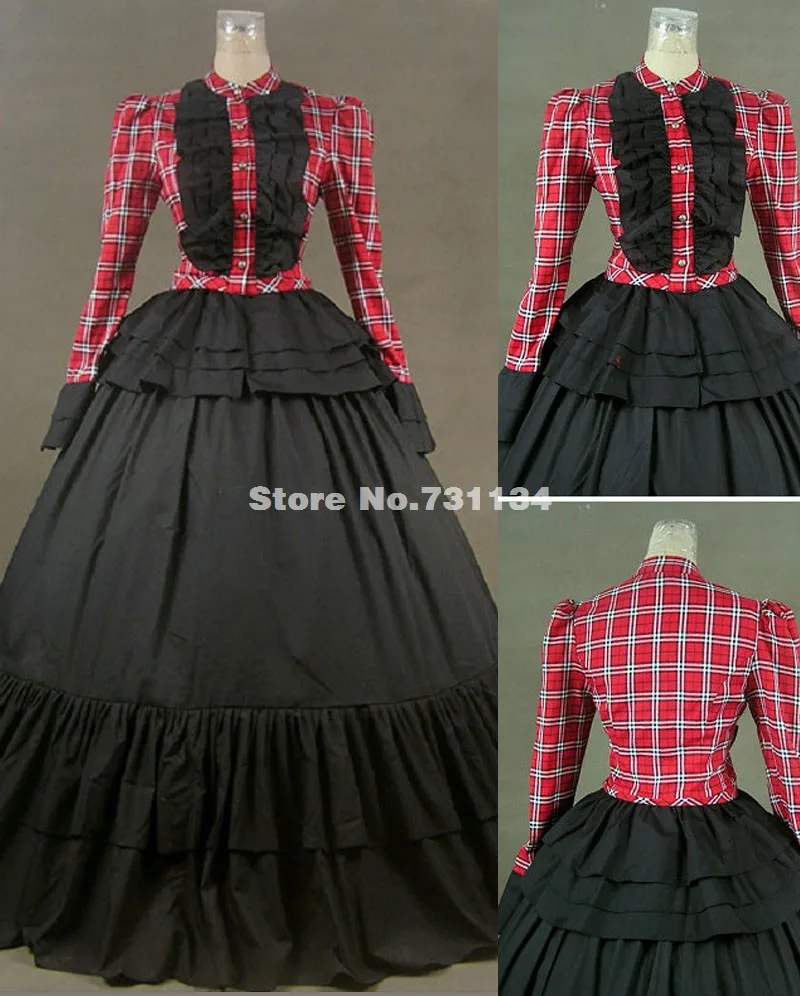 Red Plaid Long Sleeves Civil War Plus Size Victorian Dress Costumes