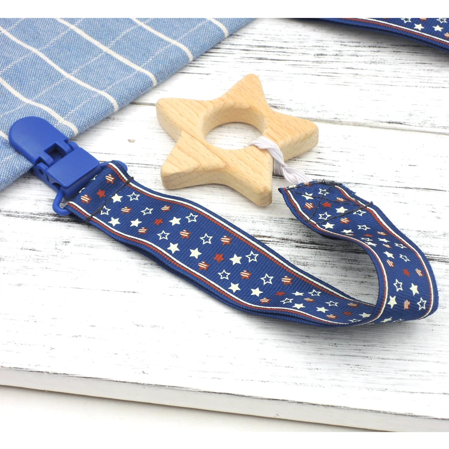 2018 New arrival print ribbon pacifier holder fabric pacifier chain beech wooden animal teether newborn gift CB06