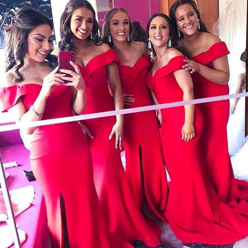 

Elegant Off The Shoulder Satin Mermaid Long Bridesmaid Dresses Ruched Split Sweep Train Wedding Guest Maid Of Honor Dresses