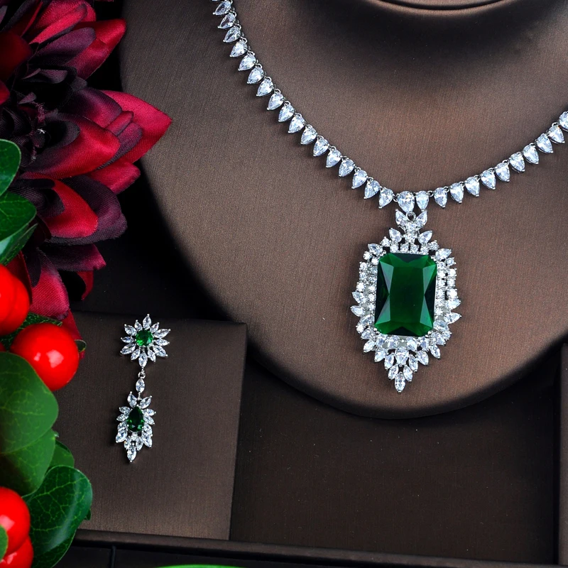 HIBRIDE Brilliant Green Full Cubic Zirconia Women Bridal Jewelry Sets Necklace Set Wedding Accessories Gifts Jewelry N-437 - Image 2