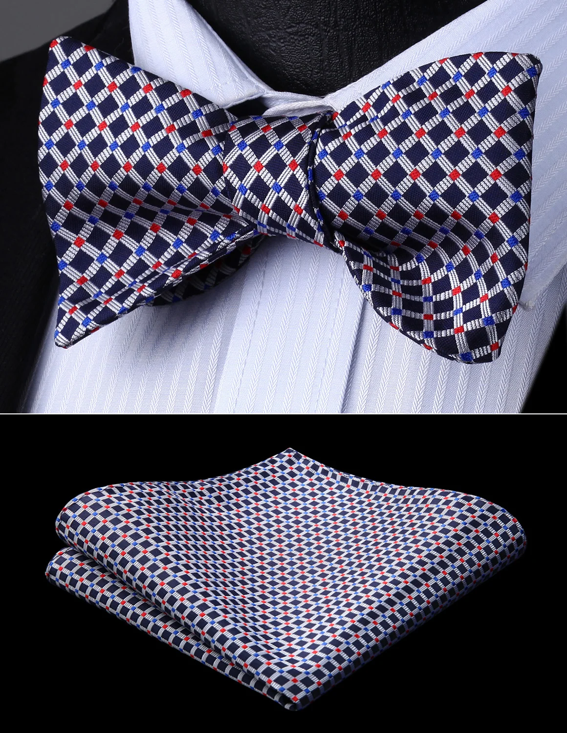 Bow Tie handkerchief set Men Woven Party Wedding Black Red Blue Plaid