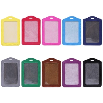 

10 Colors ID Window Business Work Card Holder Leather Case Badge Vertical Type