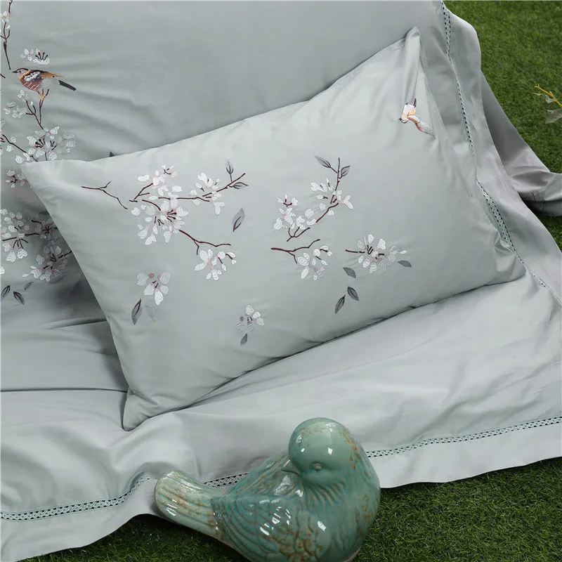 100% хлопок Oriental вышивка роскошь постельных принадлежностей queen/King Размеры серый Коло цветочный кровать набор пододеяльник простыня