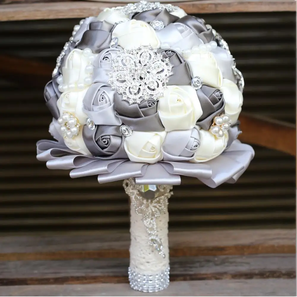 H& S Свадебные цветы серого цвета и цвета слоновой кости с жемчугом элегантные букеты невесты Искусственные розы Кристалл ramos de novia