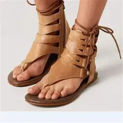 Летние кожаные сандалии на шнуровке, женская обувь на плоской подошве, римские сандалии с открытым носком, женская повседневная обувь
