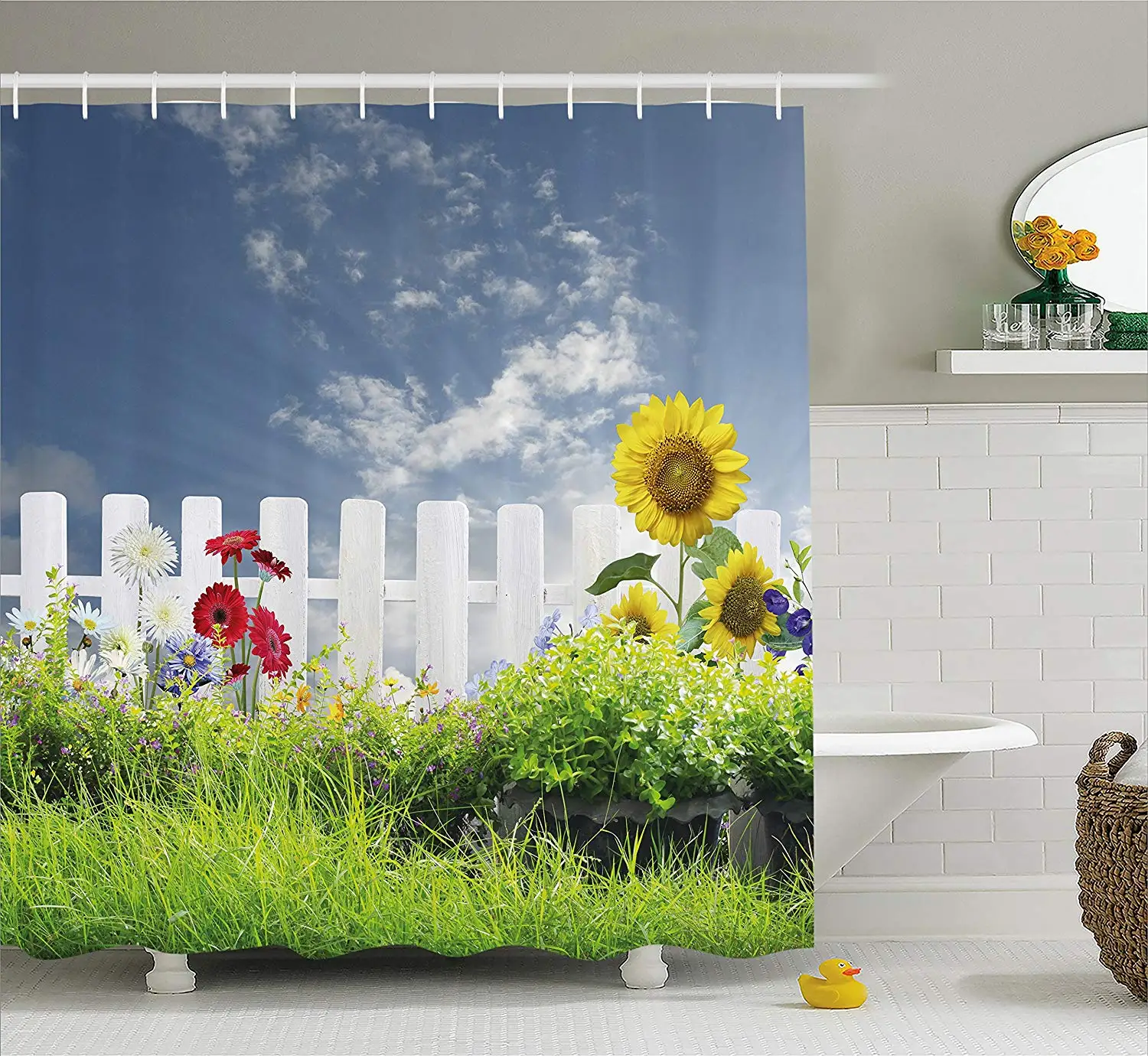 Farm House Decor Shower Curtain Grass Foliage Field with Bar Sunflowers Daisy Hedge Yard Cloudy