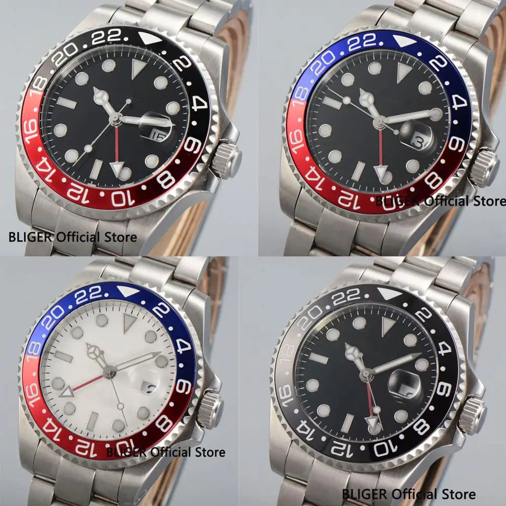 

5 Models 43MM Nologo Red GMT Hand Automatic Men's Watch Auto Date Luminous Hand SS Strap